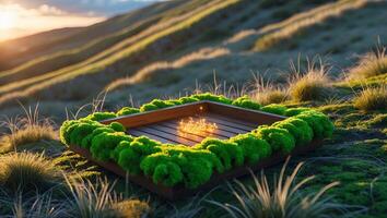 Elevated Wooden Platform with Moss in a Natural Mountain Setting photo