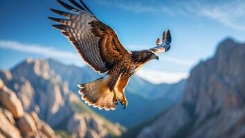 Soaring Hawk Gliding Through Mountain Scenery Under Clear Blue Sky photo