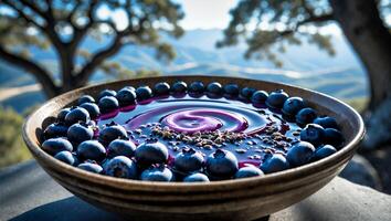 Bowl with Blueberry Smoothie and Chia Seeds Over Mountain View photo