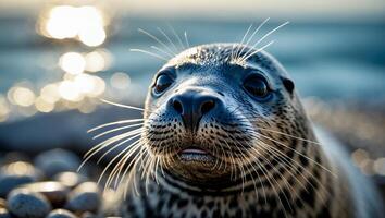Cute Seal Pup Gazing Upward at the Beach with Golden Sunlight photo