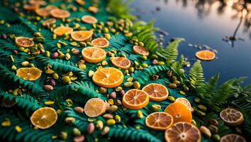 Arrangement of Orange Slices and Pistachios on Green Ferns by Water photo