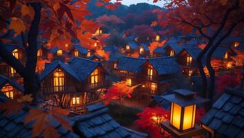Village of Wooden Houses Nestled Among Autumn Foliage and Warm Light photo