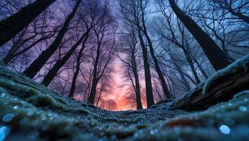 Forest Floor View Tall Trees Pink Sky Natural Outdoor Landscape photo