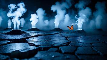 Butterfly Flying Among Smoke Plumes on Cracked Ground in Dark Environment photo