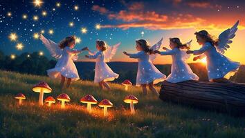 Children with Wings Dancing in Meadow at Sunset with Mushrooms photo
