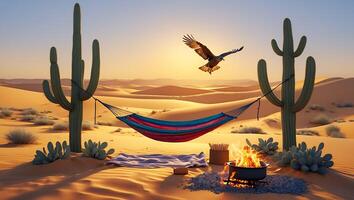 Relaxing Hammock Scene in Desert with Campfire and Flying Eagle photo