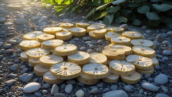 Arranging Wood Slices on Pebbles with Sunlight, Green Leaves Nearby photo