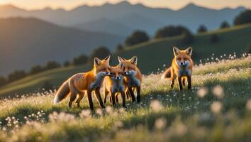 Fox Family on Grassy Hillside with Wildflowers at Sunset photo