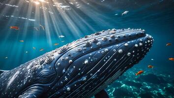 Swimming Whale Underwater with Sun Rays and Small Fish Around photo