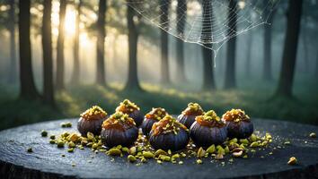 Figs with Topping on Wood Slice in Forest with Cobweb photo