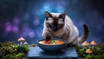 Cat Reaching for Noodle Bowl Surrounded by Moss and Mushrooms photo