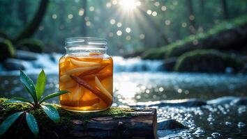 Jar of Preserved Fruit on Log in Peaceful Forest Setting photo