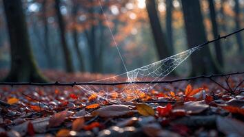 Spiderweb in Forest with Autumn Leaves and Sunlight Shining Through photo