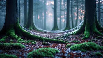 Spiderweb Connecting Trees in Forest with Fog and Mossy Ground photo