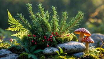 Forest Still Life with Spruce, Mushrooms, Moss, and Red Berries photo