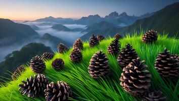 Pine Cones on Grassy Hillside Overlooking Misty Mountain Landscape photo
