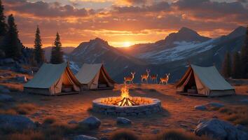 Camping in Mountain Valley at Sunset with Tents and Campfire photo