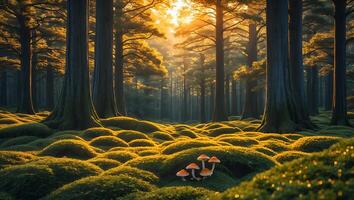 Mushrooms in Forest at Sunrise with Mossy Ground and Tall Trees photo