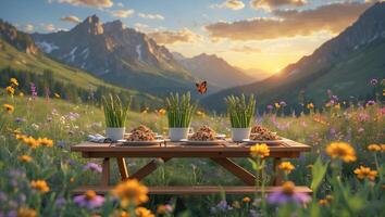 Outdoor Dining with Asparagus and Pasta Picnic in Mountain Meadow photo