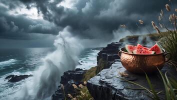 Watermelon Slices in Pot on Cliffside Overlooking Stormy Ocean photo