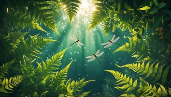 Dragonflies Flying Among Ferns with Sun Rays Streaming Through Foliage photo