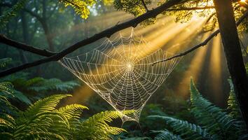 Spiderweb Glowing in Forest Sunlight with Ferns and Atmospheric Rays photo