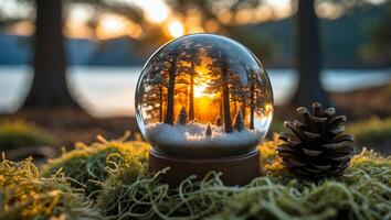 Snow Globe Capturing Forest Scene with Sunlight and Pinecone Display photo