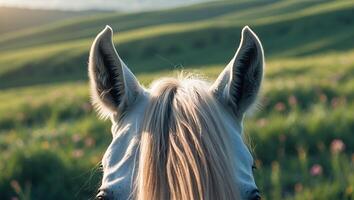 Horse Ears and Mane Overlooking Grassy Hills at Sunrise photo