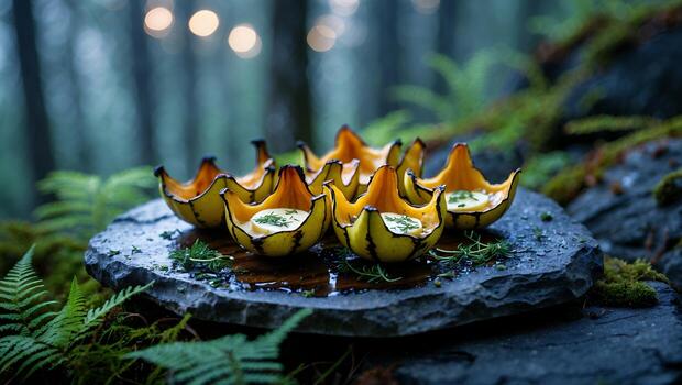 Serving Delicata Squash Appetizers on Stone Slab in Forest Setting photo