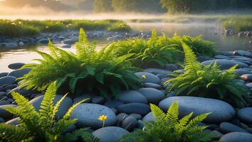 Ferns Growing Along Riverbank with Rocks and Misty Morning Light photo