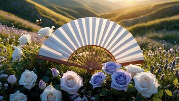 Folding Fan Amidst Roses and Lavender in a Rolling Landscape photo