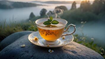 Steaming Tea Cup with Mint in Nature at Sunrise photo