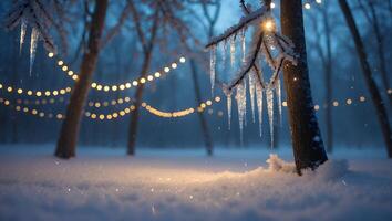 Winter Forest Scene with Icicles and Glowing Lights on Trees photo