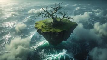 Floating Island with Bare Tree in Ocean with Misty Clouds photo