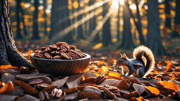Squirrel Foraging in Autumn Leaves Near Bowl of Pecans photo