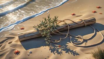 Log on Beach with Rope and Greenery Surrounded by Crabs photo