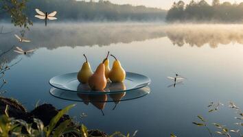 Pears on Plate Floating on Misty Lake with Dragonflies Flying photo