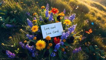 Floral Arrangement with Butterflies Holding Love Card in Meadow photo