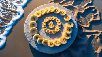 Banana Slice Spiral on Stone with Sand and Water Edge photo