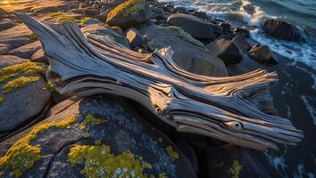 Driftwood on Rocky Shoreline with Ocean Waves and Coastal Lichen photo