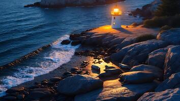 Lighthouse Shining on Rocky Coastline at Dusk with Ocean Waves photo