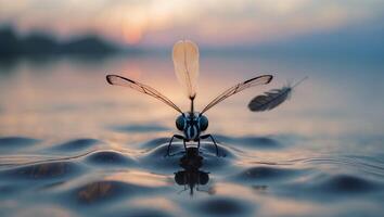 Dragonfly Landing on Water with Feather and Sunset Background photo