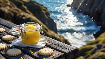 Lemon Curd Jar and Cookies Sitting on a Wooden Picnic Table photo