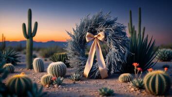 Desert Wreath Display with Ribbon and Cactus at Sunset photo