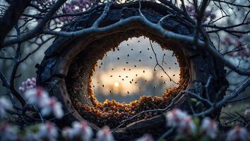 Honeybees Flying Around Natural Beehive at Sunset in Spring photo