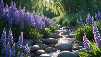 Gentle Stream Flowing Through Wildflowers and Smooth Rocks in Forest photo