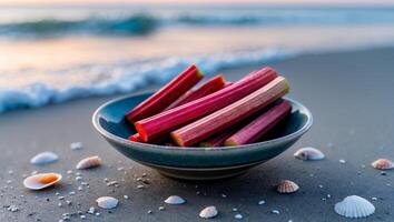 Rhubarb Sticks in Bowl on Sandy Beach with Ocean Waves photo