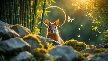 Small Animal Gazing Among Bamboo with Butterflies in Golden Light photo
