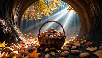 Gathering Walnuts in Wicker Basket with Autumn Leaves and Sunlight photo
