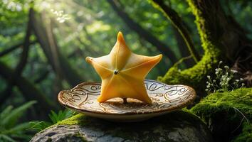 Star Fruit on Plate in Forest with Sunlight Streaming Through Trees photo